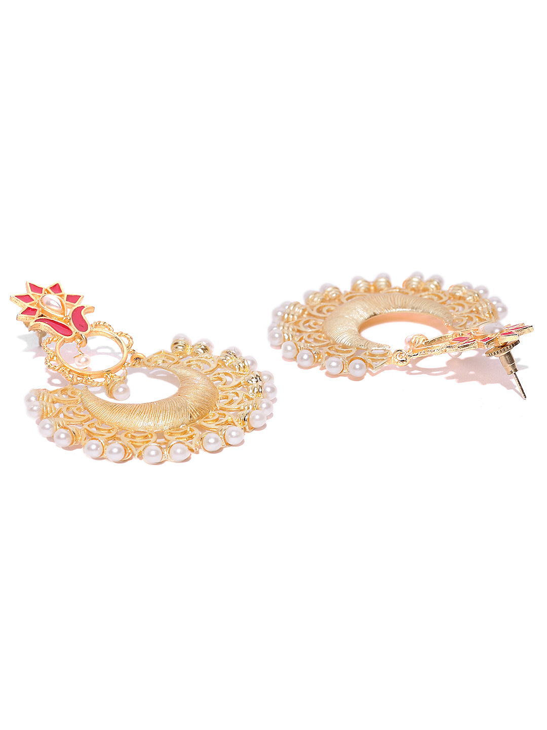 Gold plated pearl embellished meenakari chandbali earrings