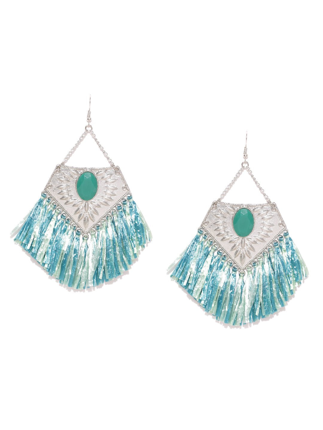 Blueberry silver and green tassel earrings