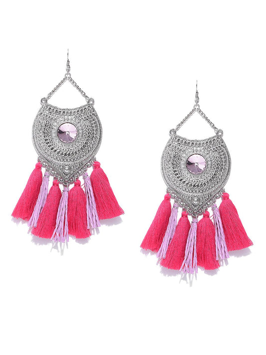Blueberry silver toned and pink tassel drop earrings