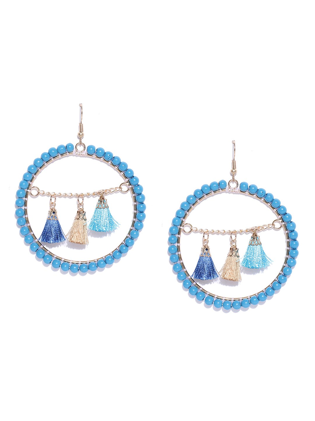 Blueberry gold and blue beads studded drop earring has tassel