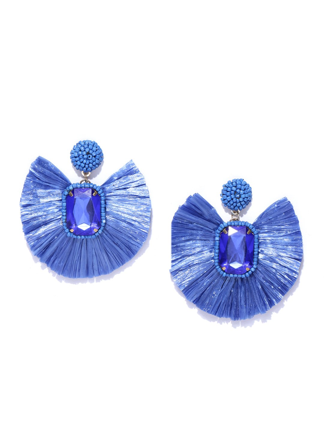 Blueberry blue raffia tassel drop earring