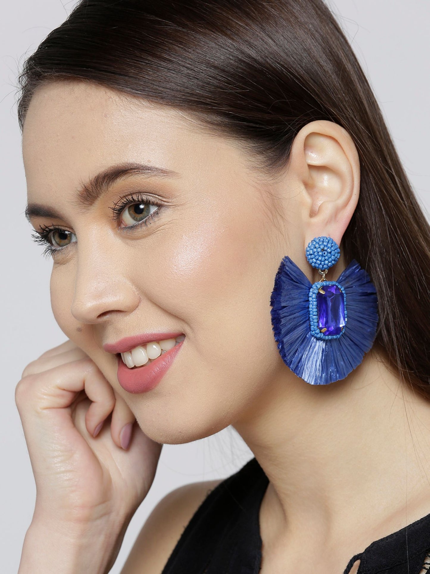 Blueberry blue raffia tassel drop earring