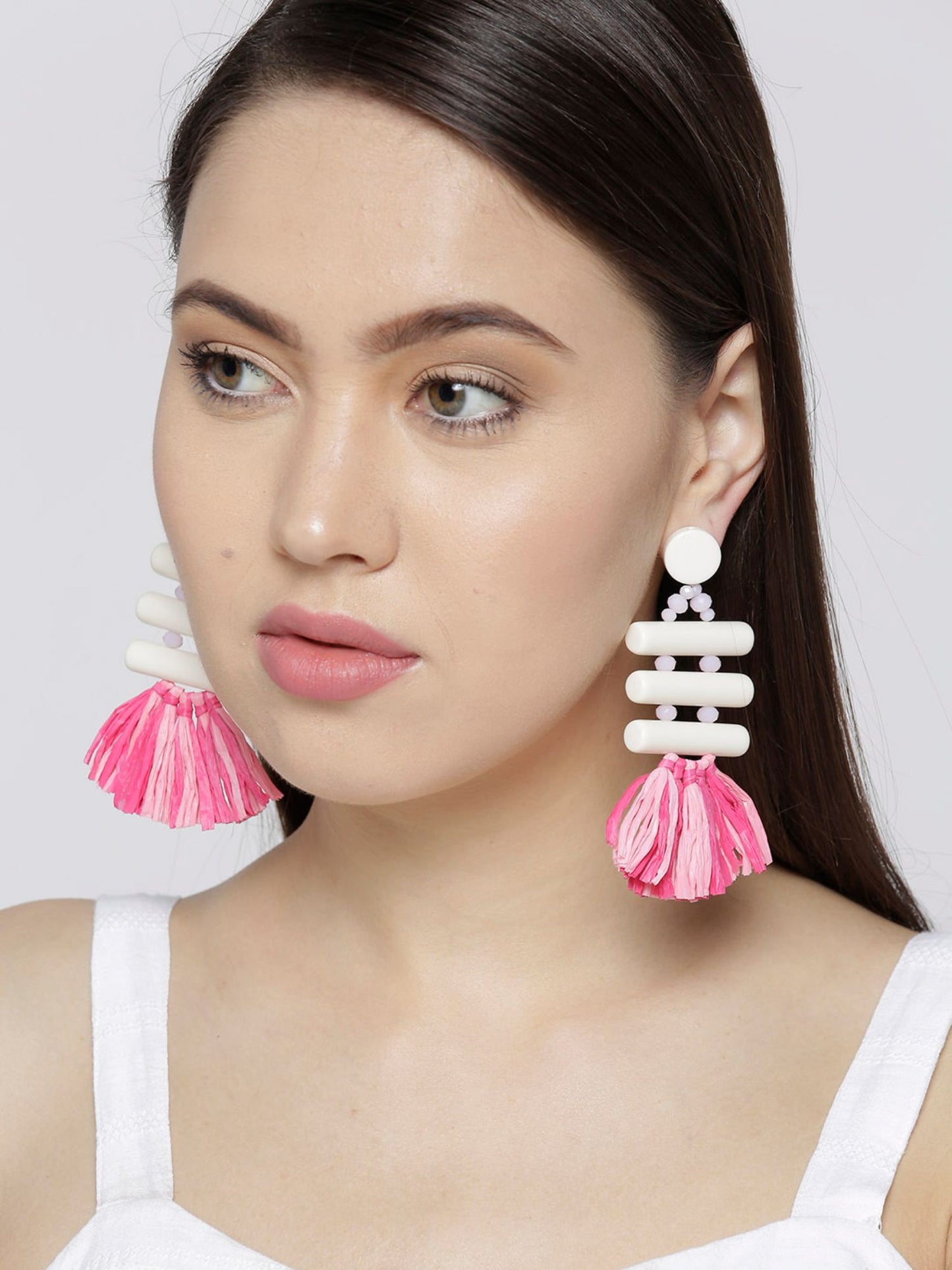 Blueberry pink raffia tassel drop earring