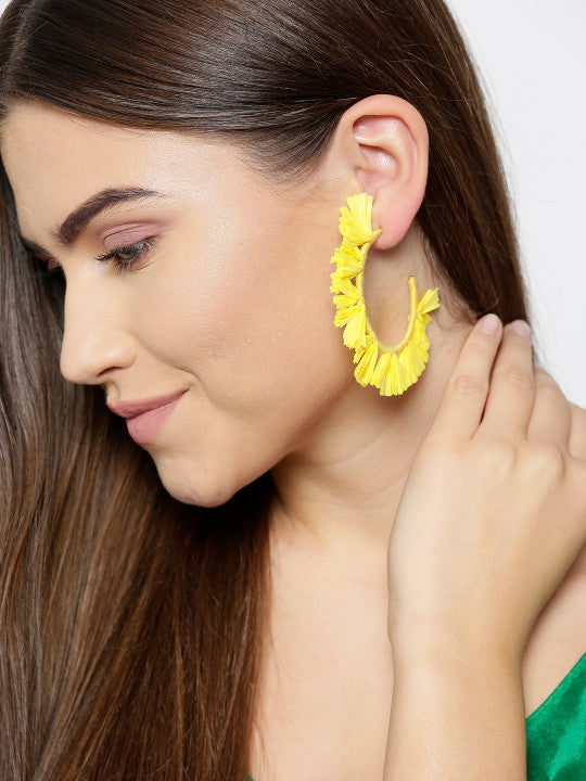 Blueberry yellow raffia detailing half hoop earring