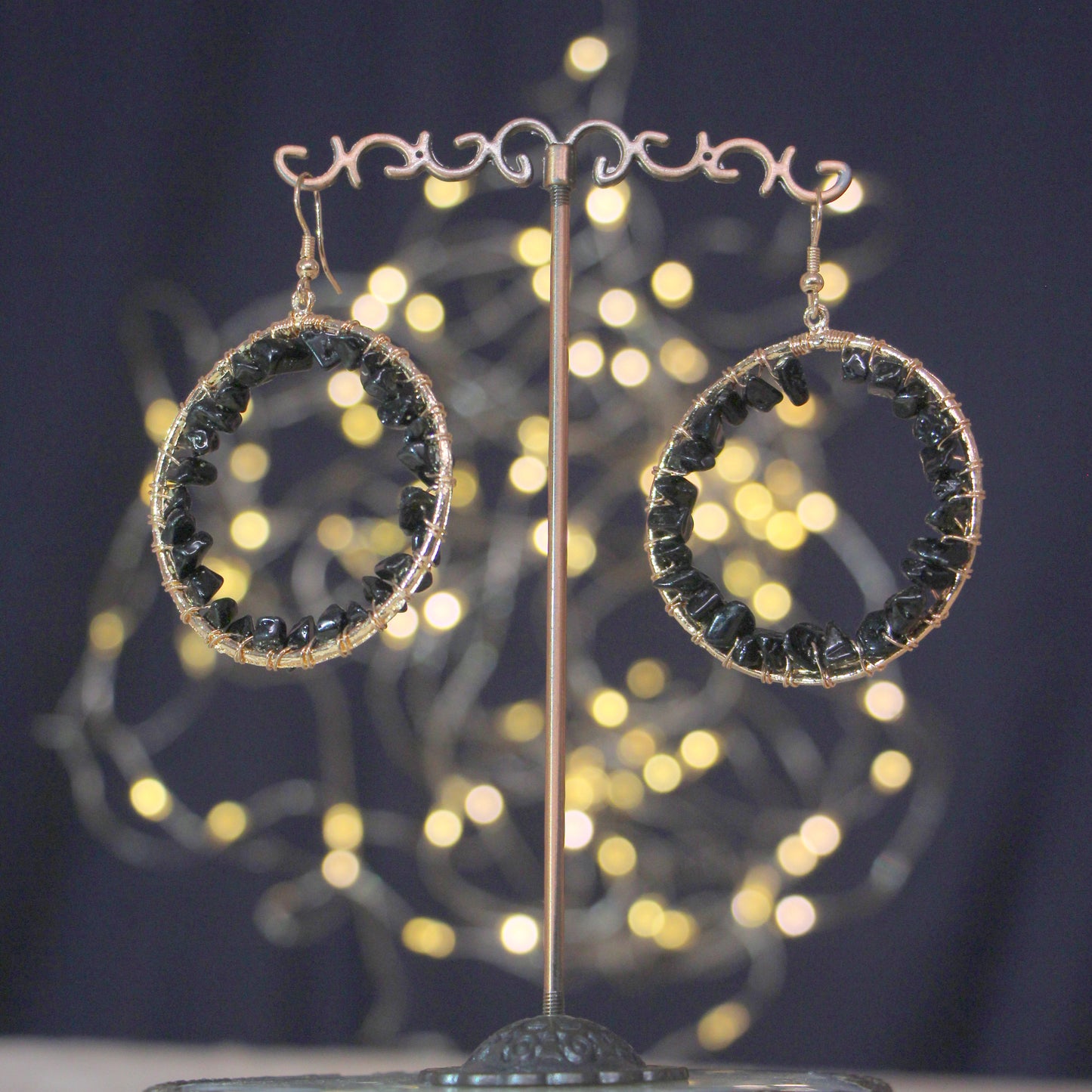 Blueberry black beads detailing circular shape drop earring