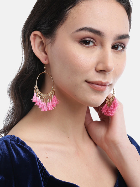 Blueberry pink tasseled gold plated drop earring