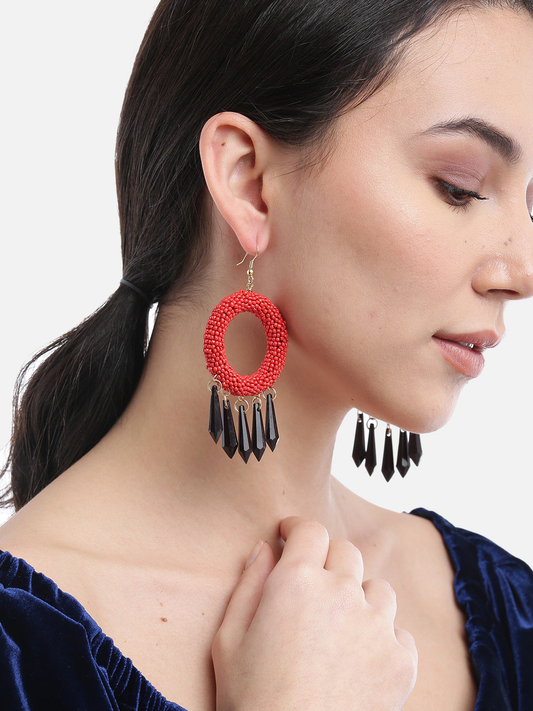 Blueberry red beads embellished circular drop earring