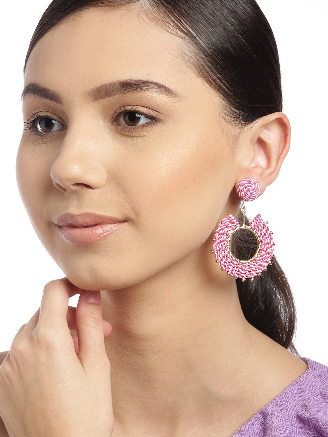 Blueberry peach and pink raffia circular drop earring