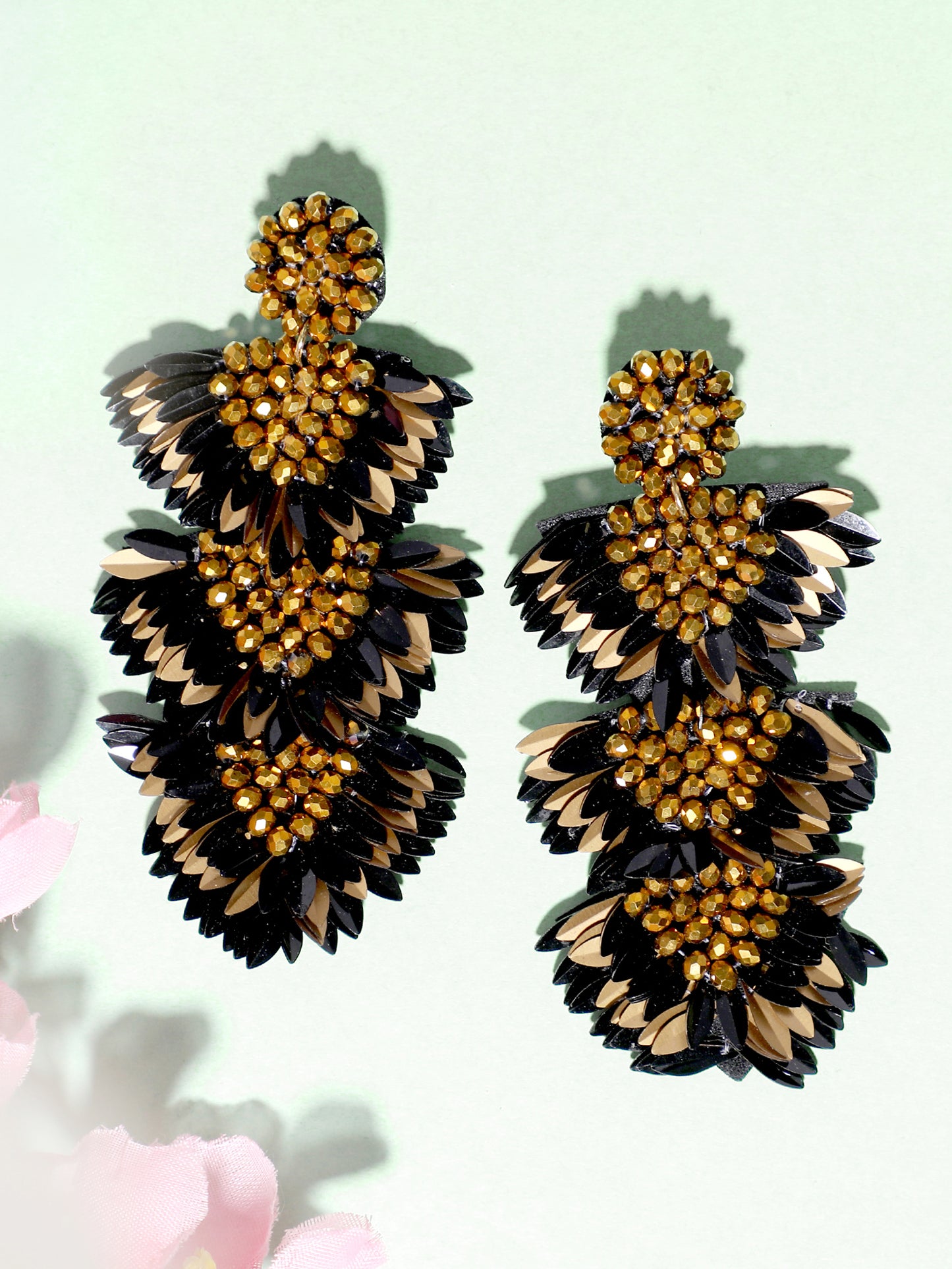 Blueberry black and gold sequence flower drop earring