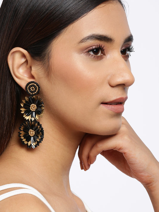 Blueberry black and gold sequence flower drop earring