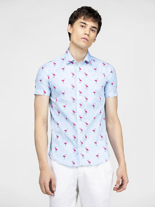 Flamingo bird printed blue shirt