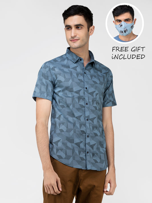 Lazy panda Geometric abstraction printed blue shirt