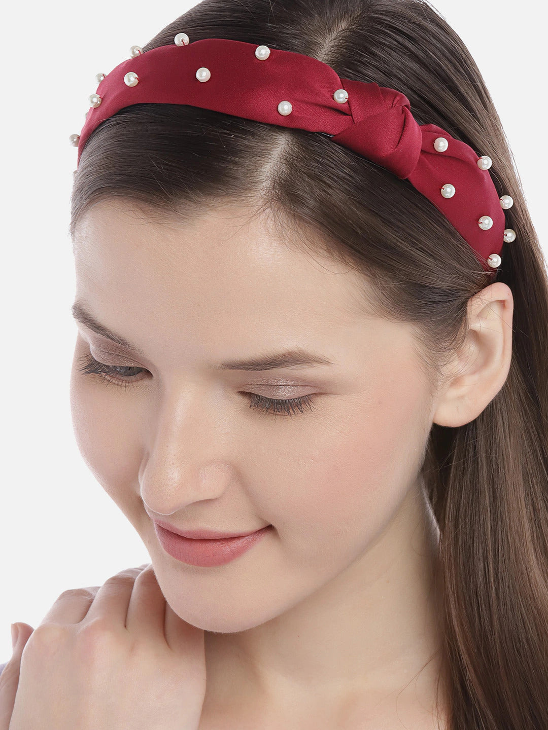 Blueberry maroon satin with pearl embellishment knot hairband