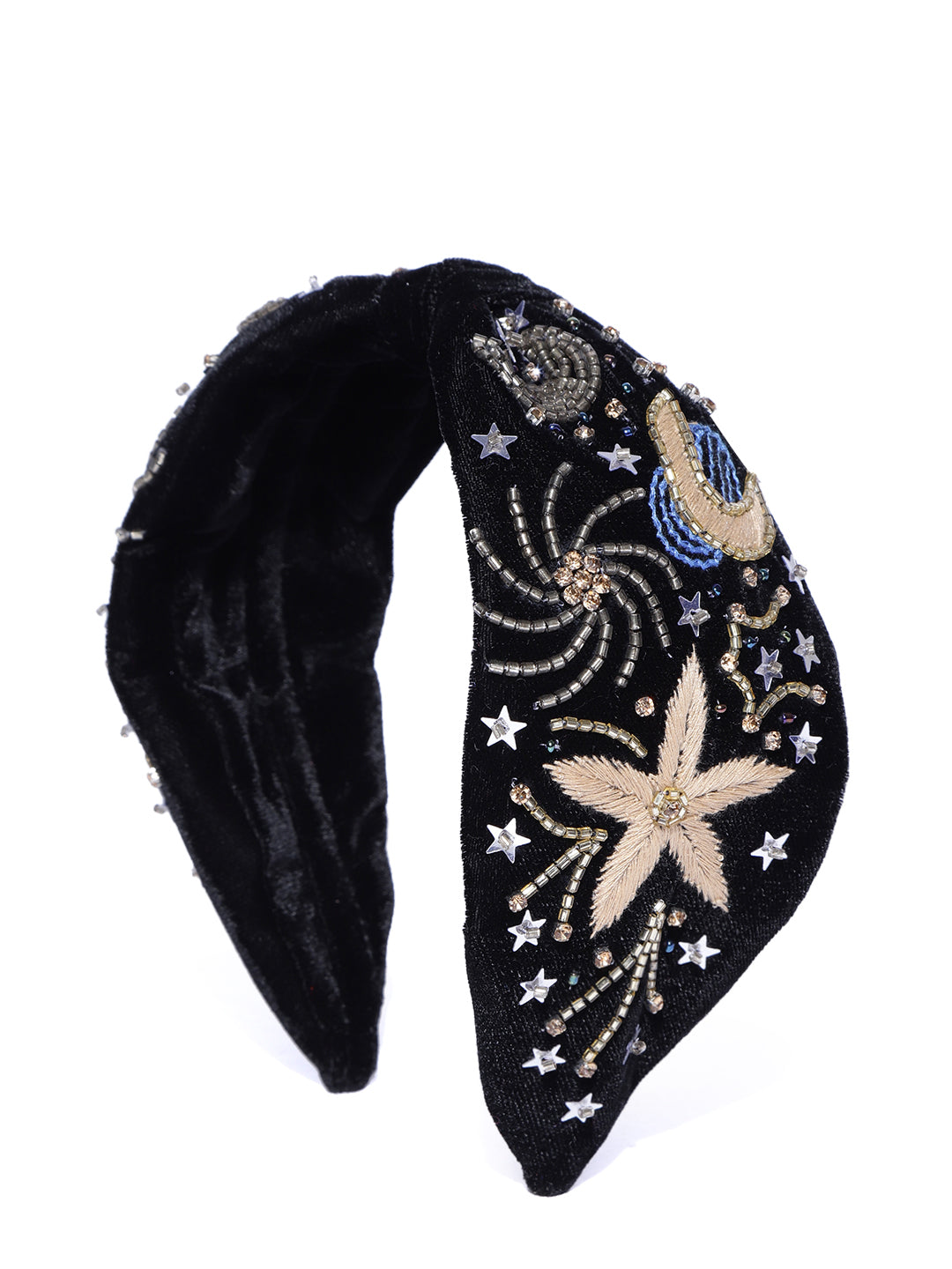 Blueberry black velvet hand beaded and stone embellished with embroidery knot hairband