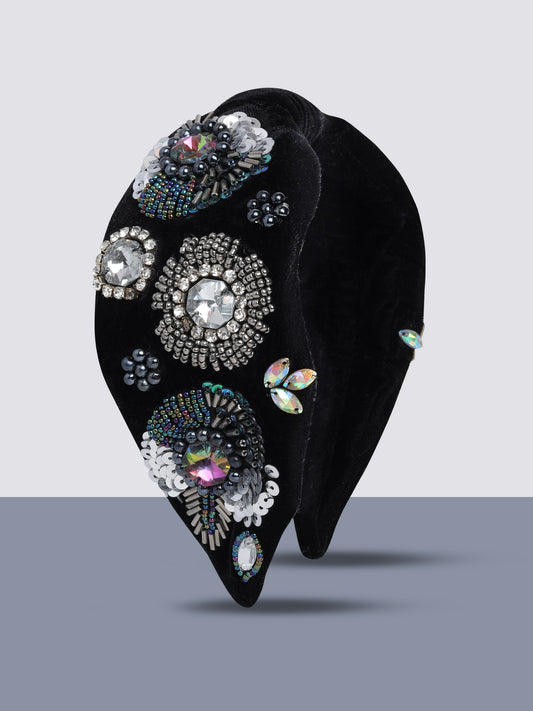 Blueberry crystal stone and sequins embellished black velvet knot hairband