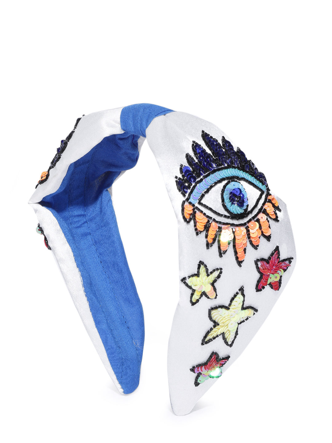 Blueberry multi sequins and beads embellished evil eye detailing satin knot hairband