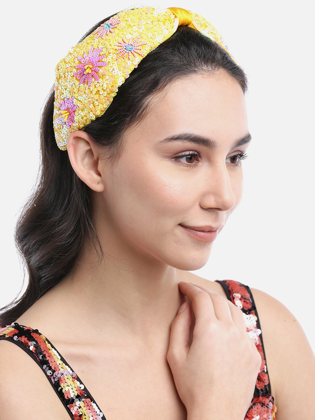 Blueberry yellow and pink sequin embellished satin knot hair band