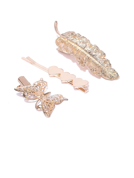 Blueberry set of 3 gold plated heart, Butterfly, Leaf shape hair pins