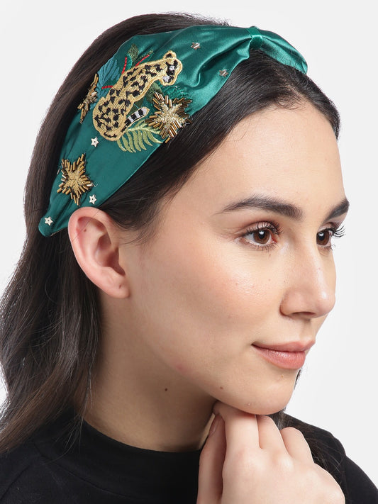 Blueberry green floral embroidery knot satin hair band
