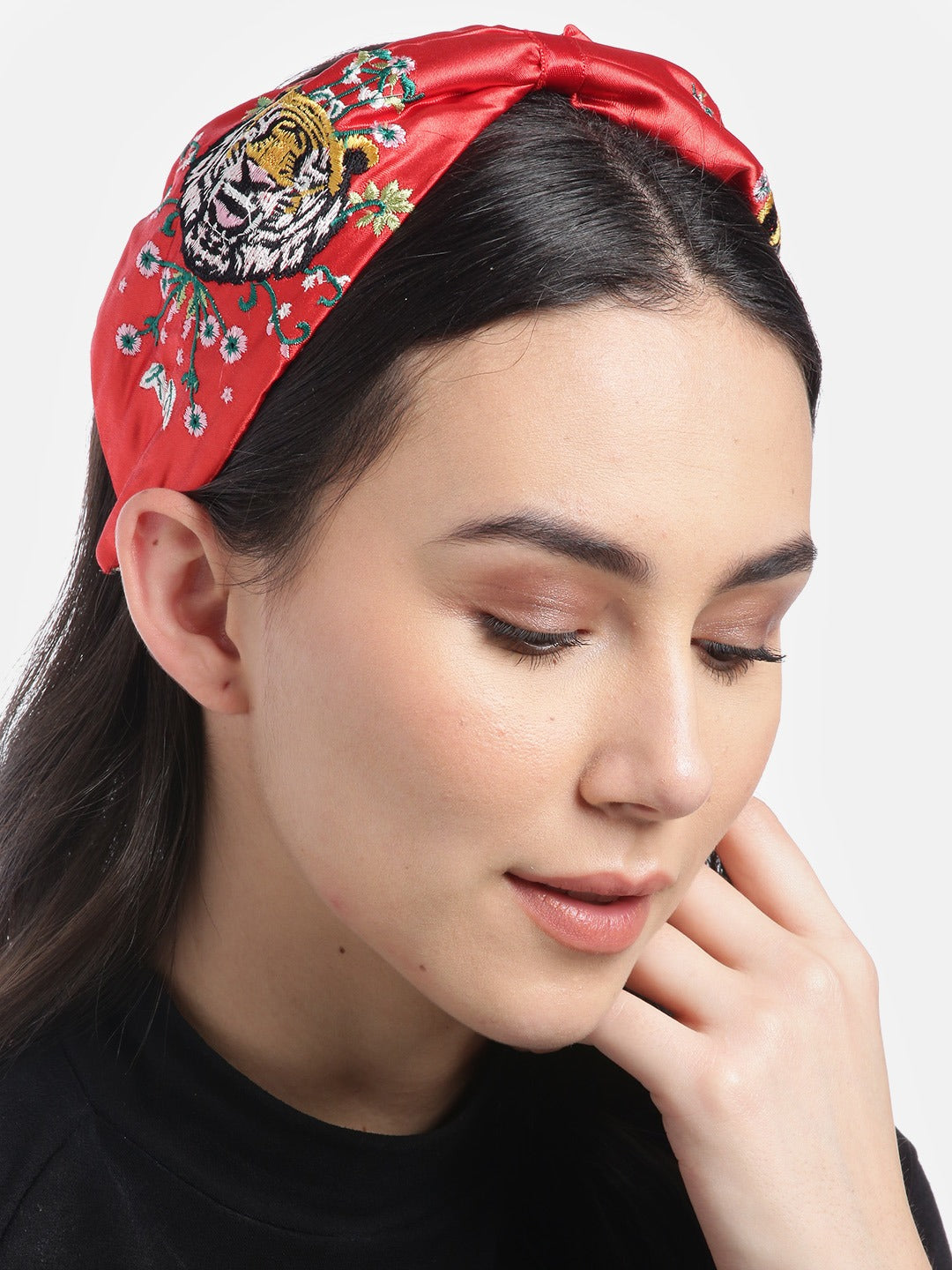 Blueberry tiger embroidery red satin knot hair band