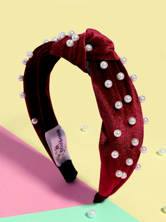 Blueberry princess pearl embellished maroon velvet knot hair band