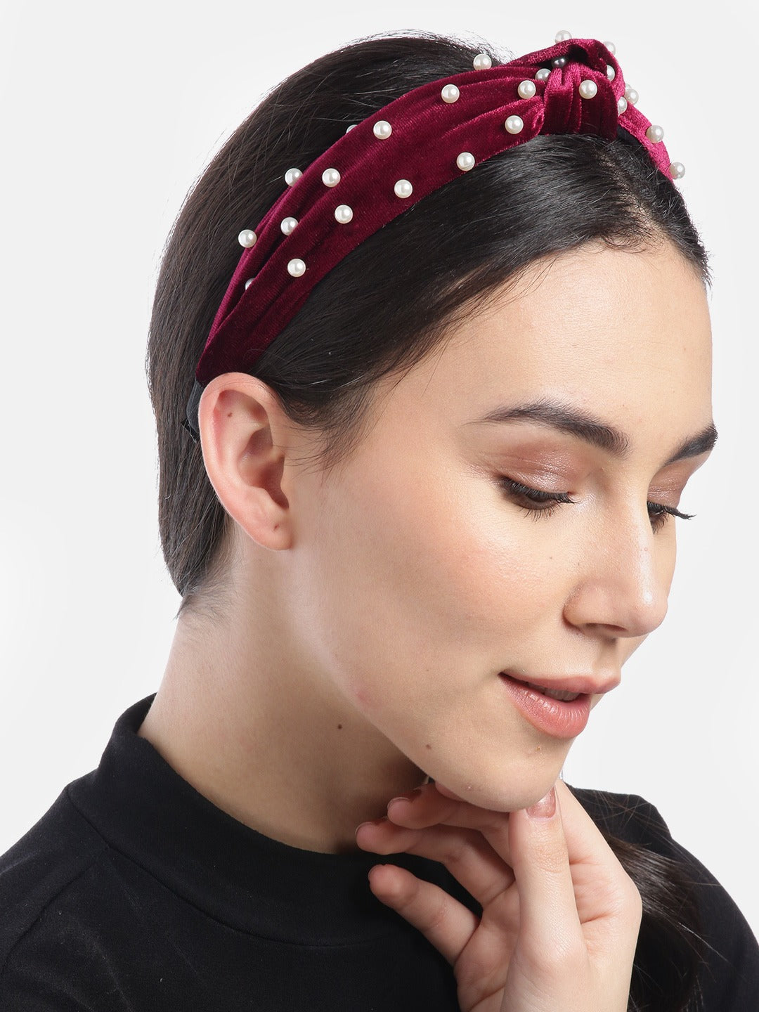 Blueberry princess pearl embellished maroon velvet knot hair band