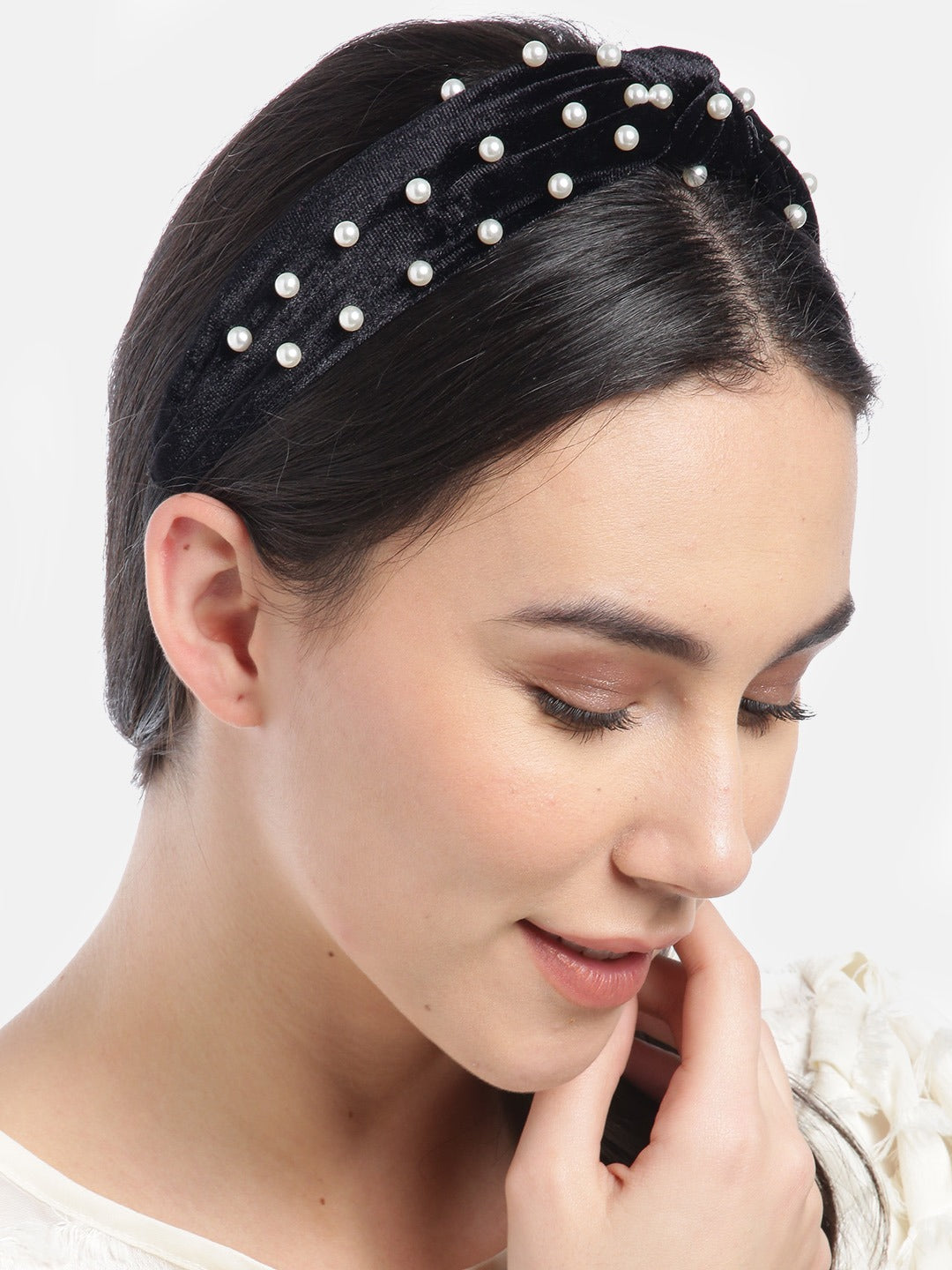Blueberry princess pearl embellished black velvet knot hair band