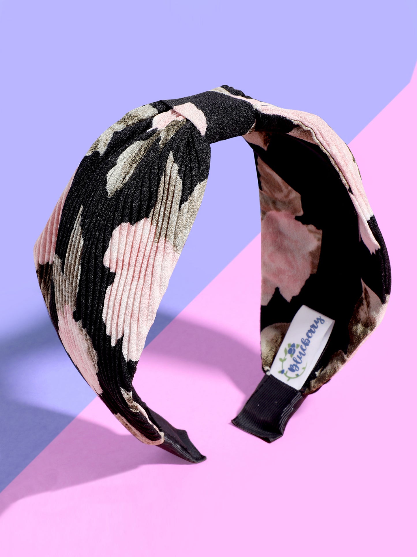 Blueberry black and pink floral printed knot pleated hairband