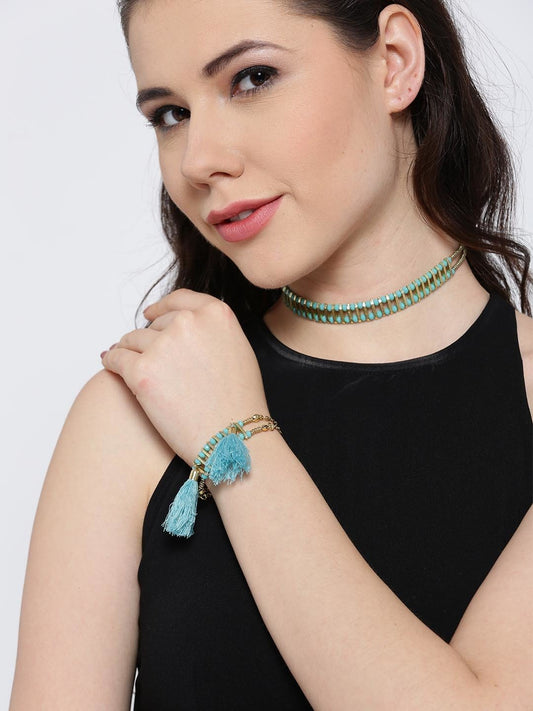Gold and blue toned choker and bracelet set