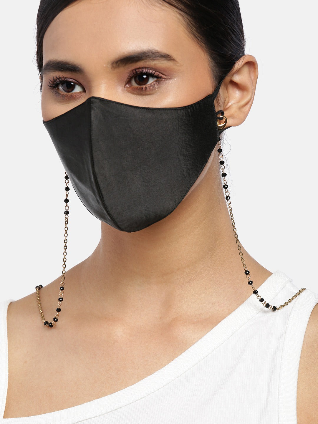 Blueberry black Reusable 2-Ply satin face mask with gold plated chain