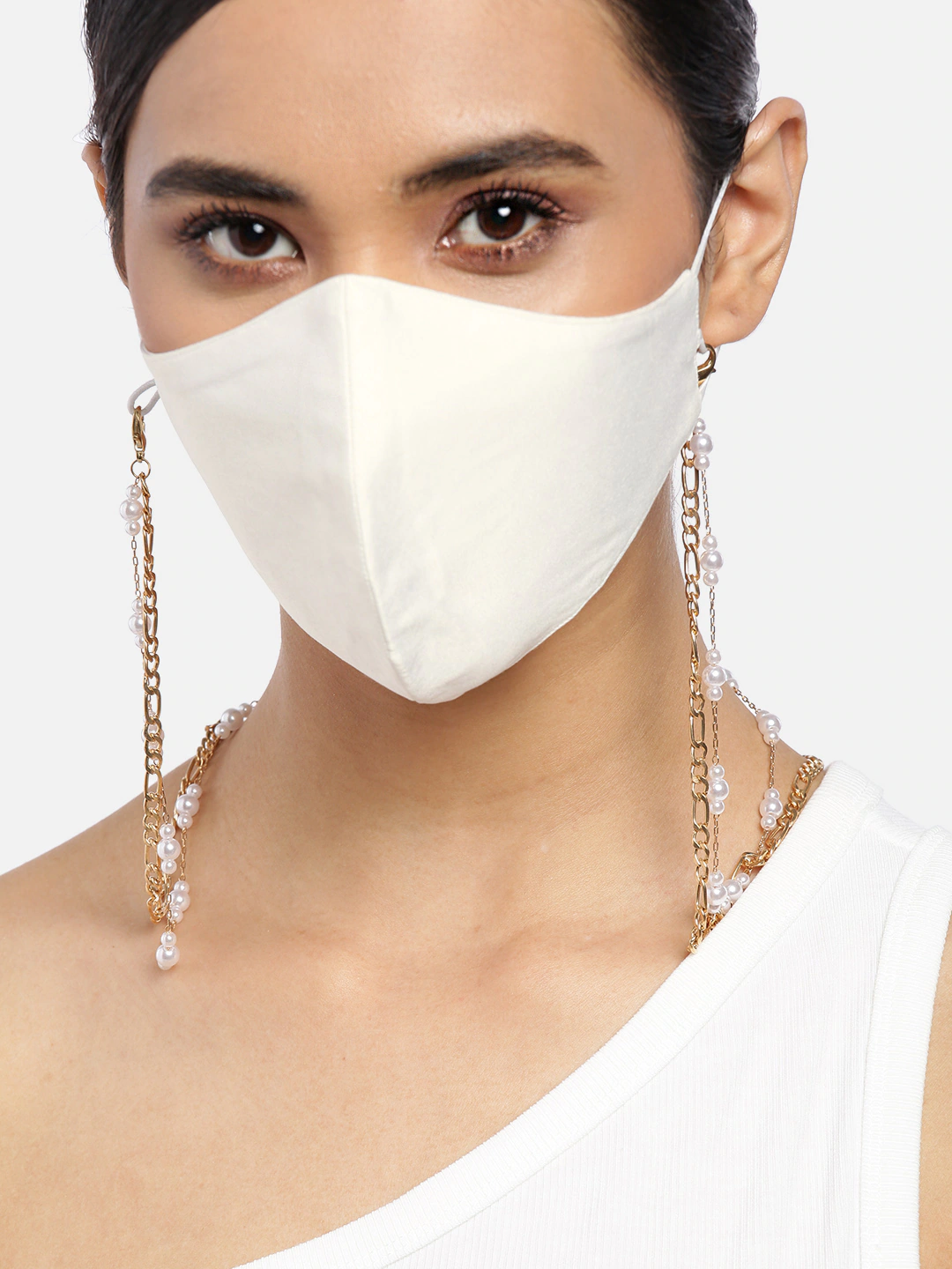 Blueberry white Reusable 2-Ply satin face mask with pearl and gold plated chain