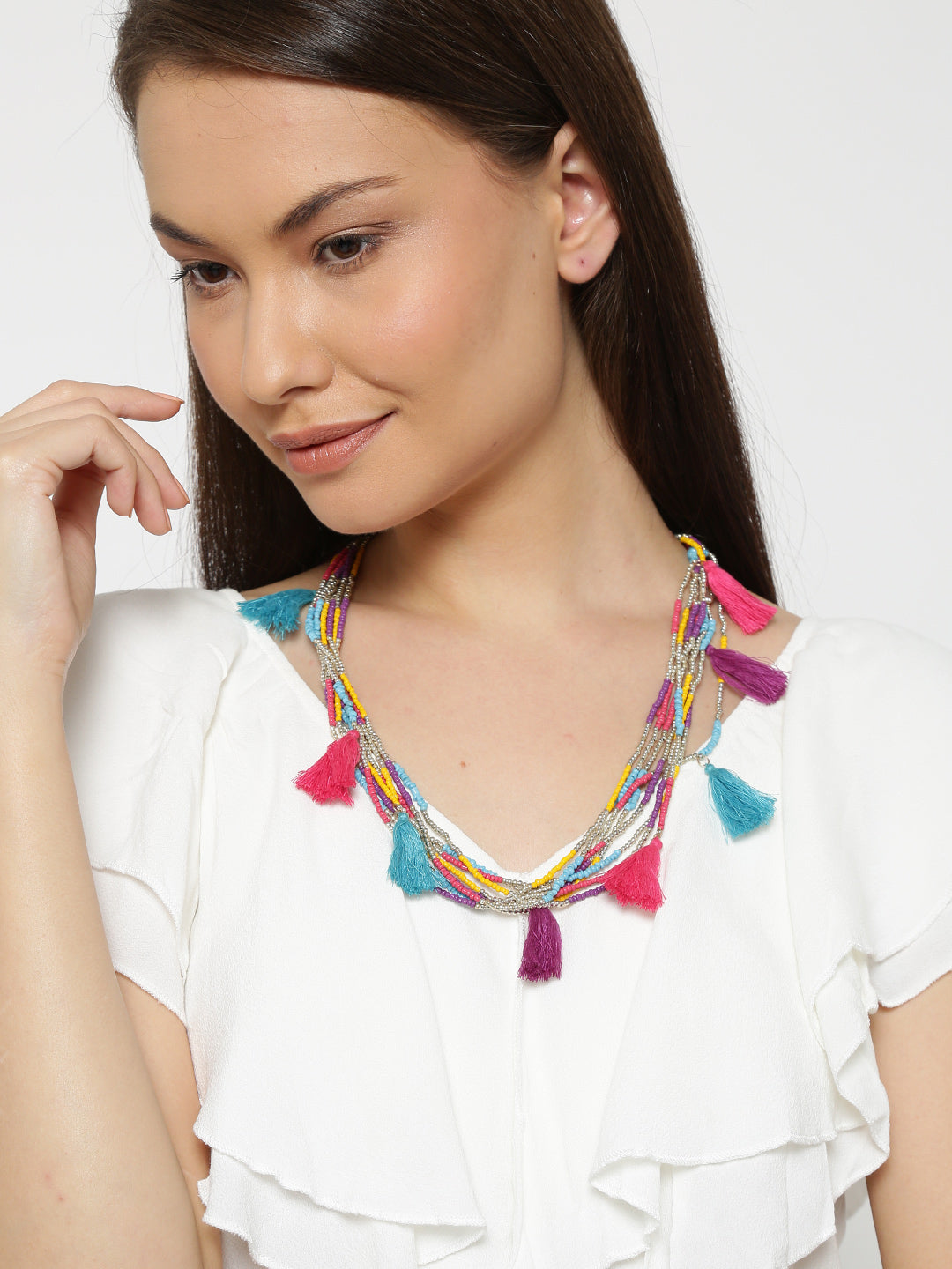 Multicolored beaded tassel necklace