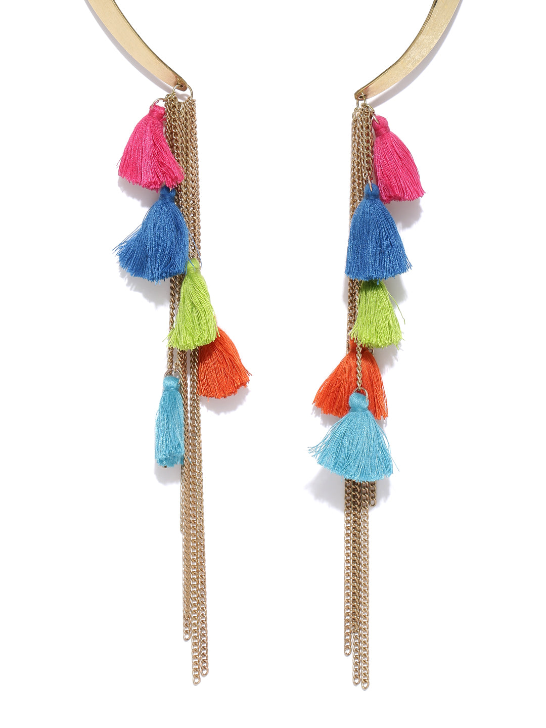 Gold toned hasli necklace with multicoloured tassel and chain danglers