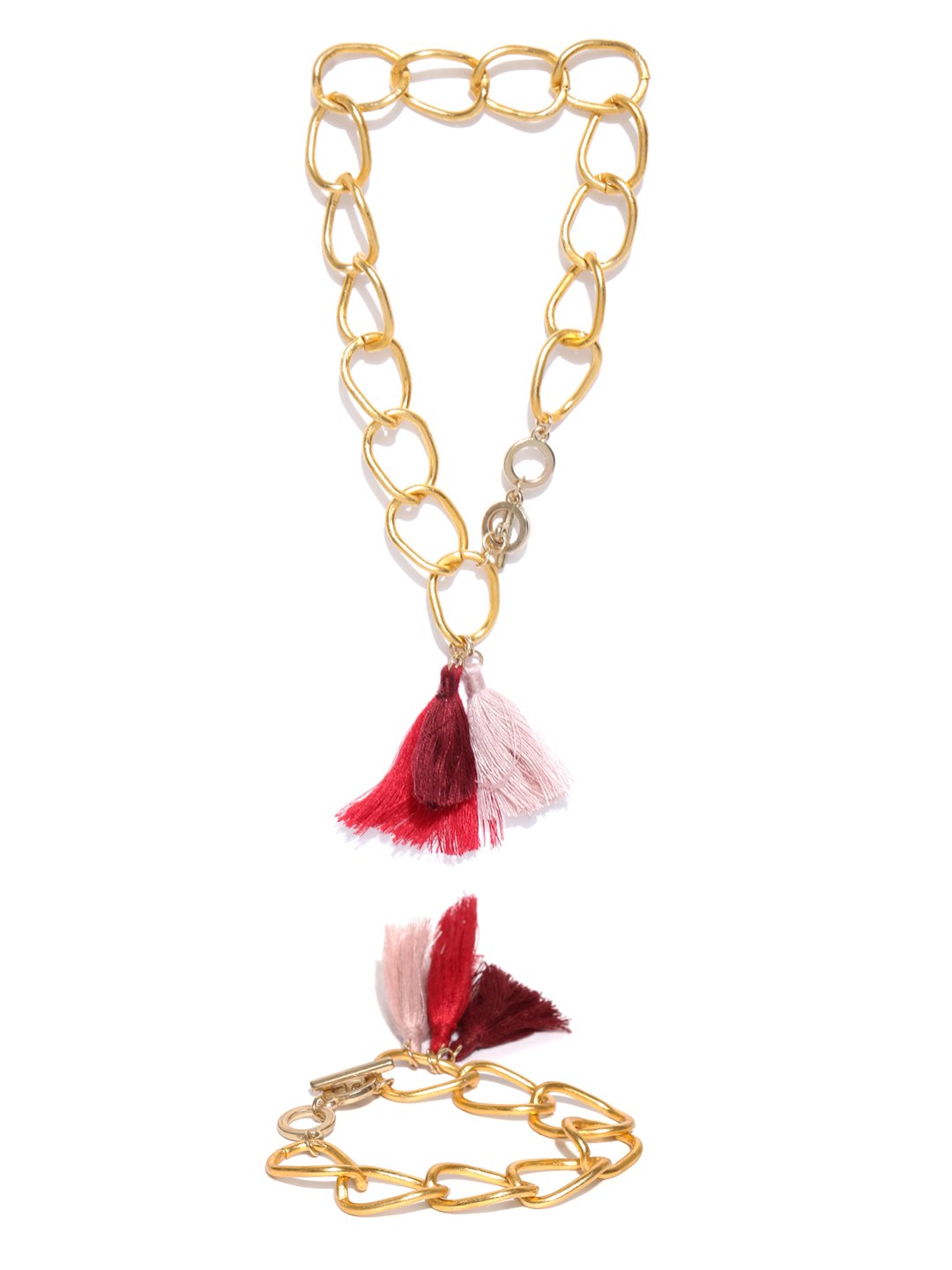 Gold toned multi tassel choker necklace with bracelet