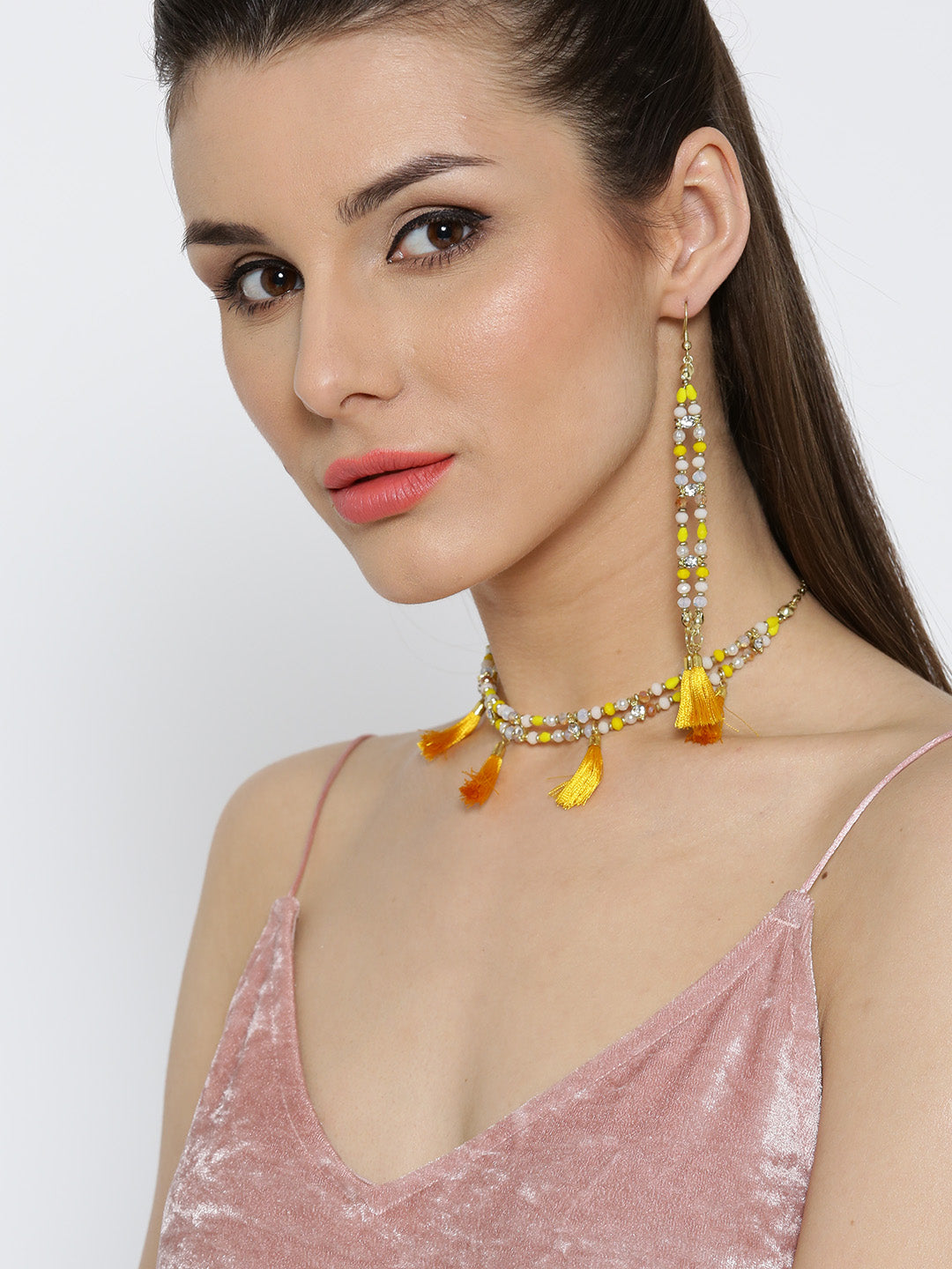 Multicoloured beaded tassel choker necklace with earrings