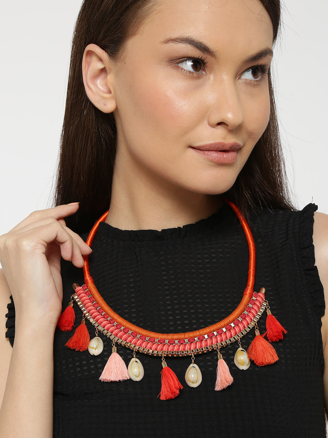 Blueberry red and orange toned statement tassel necklace