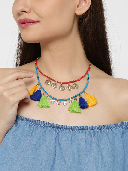 Blueberry coin and tassel layered necklace