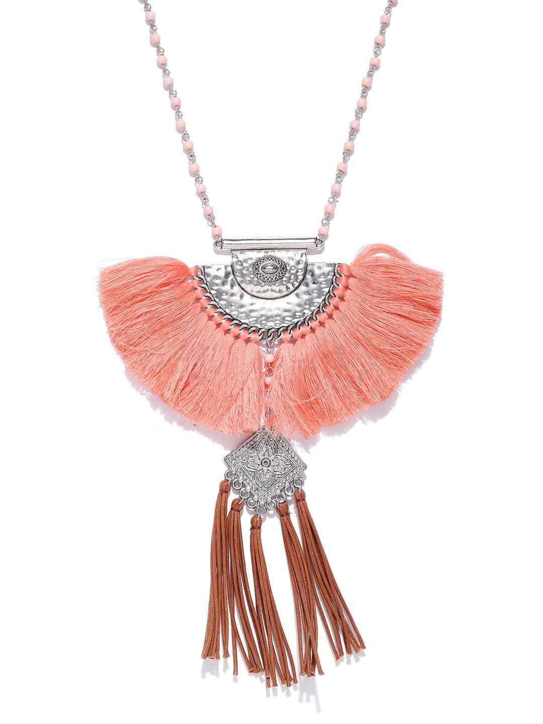 Blueberry peach toned beaded tassel tribal necklace