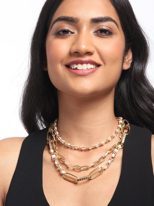 Blueberry golden inter lock pearl chain layered necklace