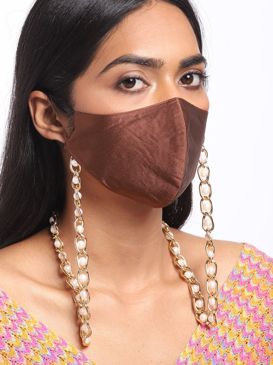 Blueberry Brown 2 ply satin pearl chain Mask