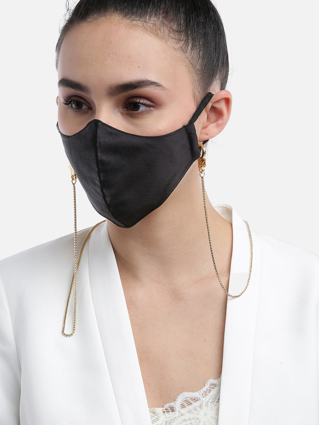 Blueberry solid black satin mask with Mask Holder Chain Strap