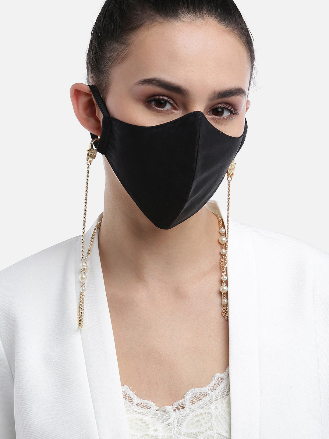 Blueberry solid black satin mask with Mask Holder Chain Strap