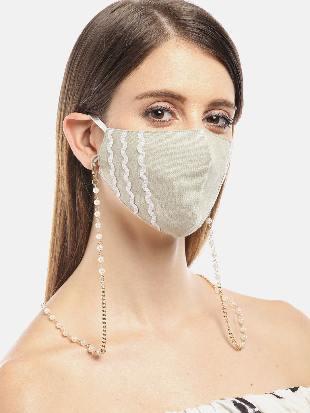 Blueberry green lace detailing pearl chain Linen face mask