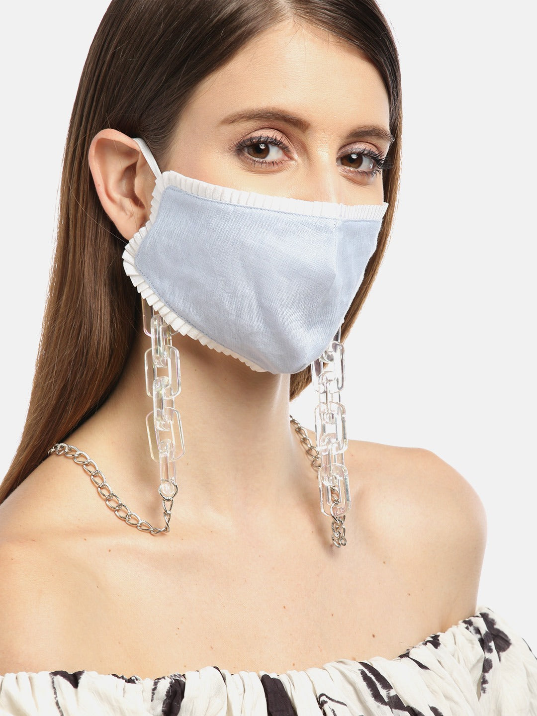 Blueberry sky blue plastic and metal chain detailing Linen face mask