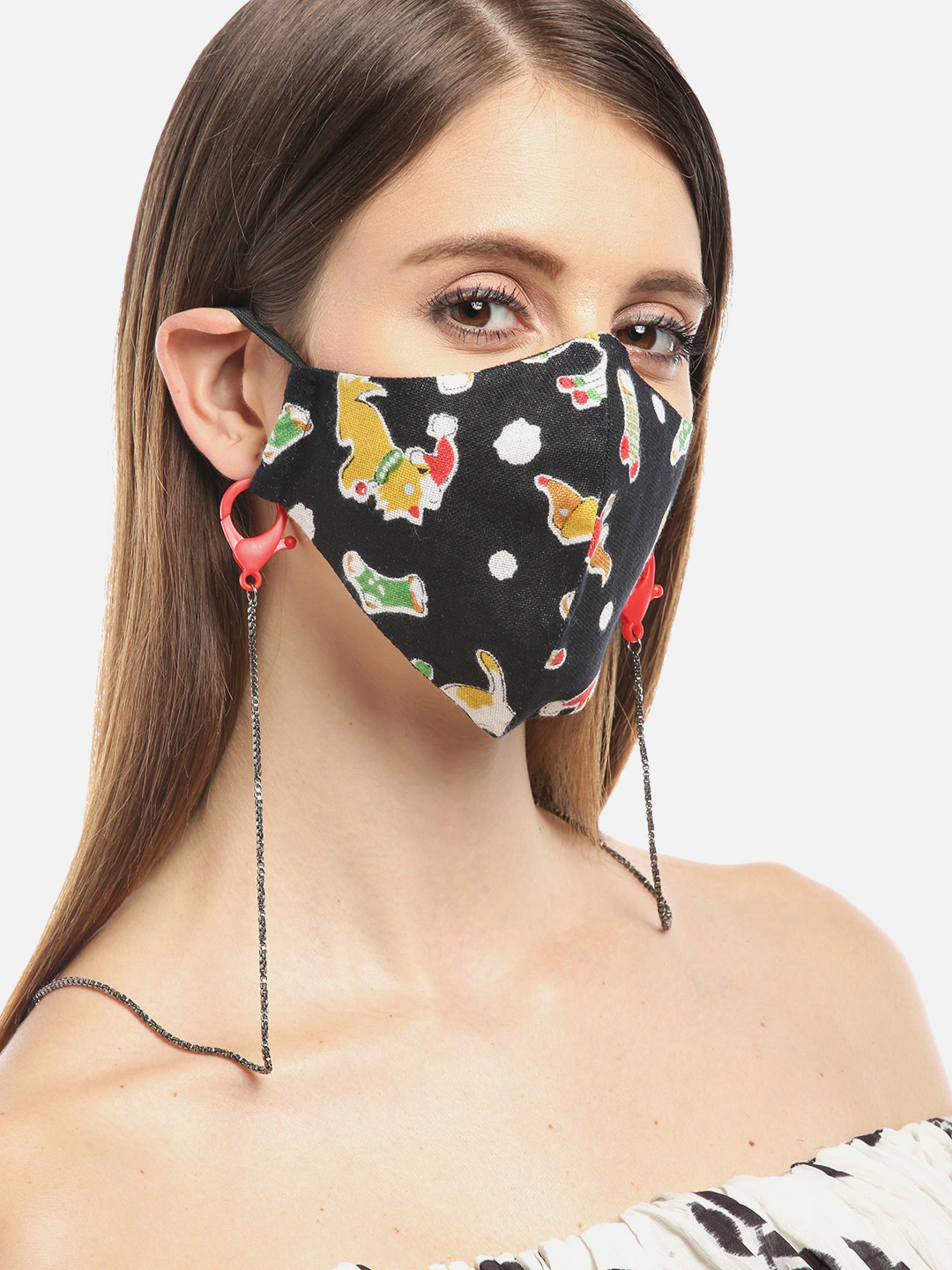 Blueberry multi printed black chain detailin cotton face mask