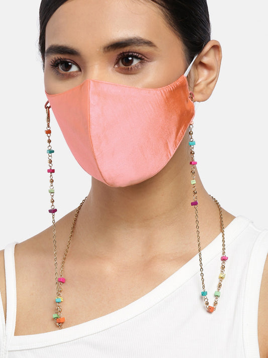 Blueberry Peach Reusable 2-Ply satin face mask with gold plated beaded chain