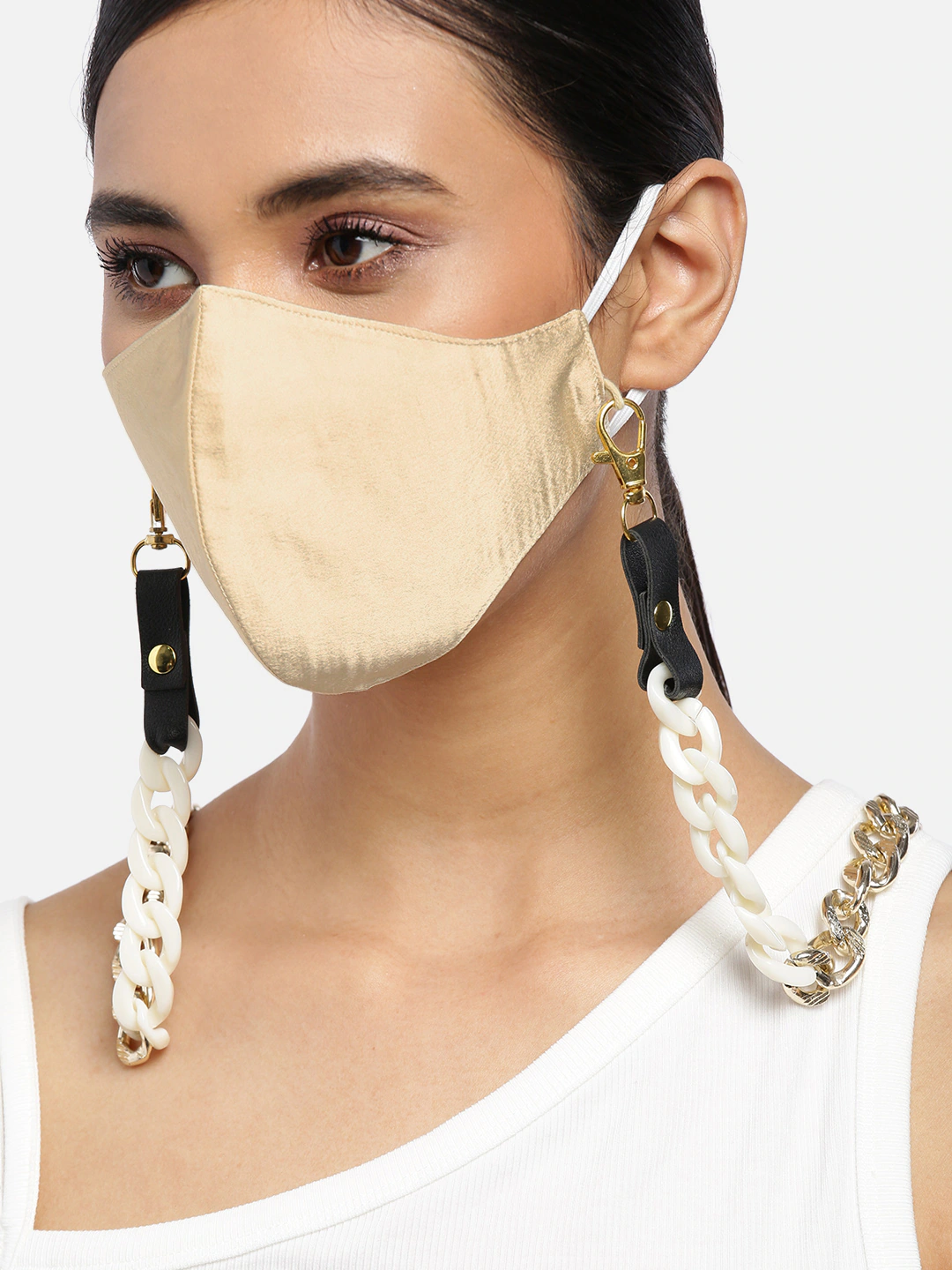 Blueberry beige Reusable 2-Ply satin face mask with white chain