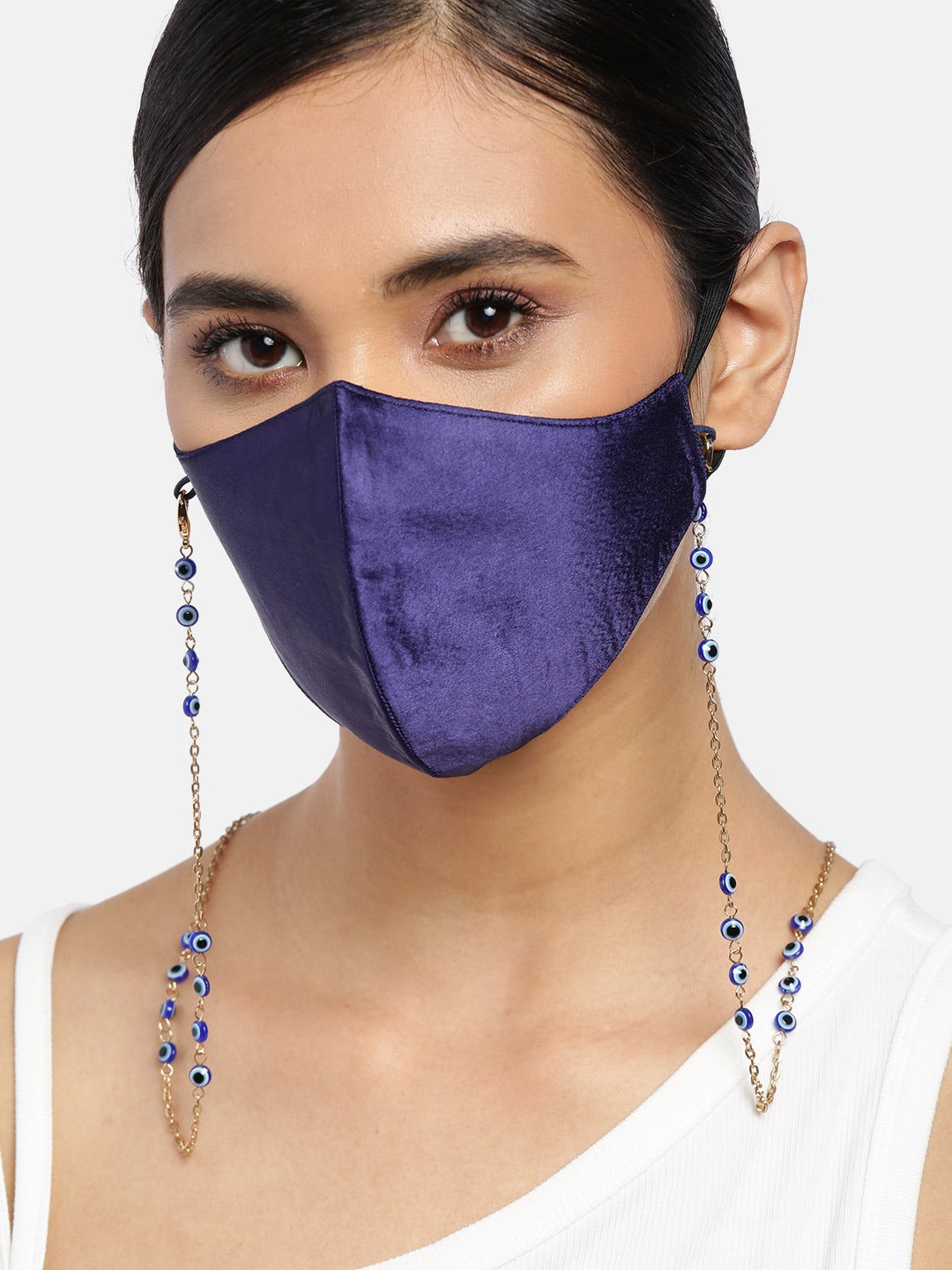 Blueberry navy blue Reusable 2-Ply satin face mask with Evil Eye gold plated chain