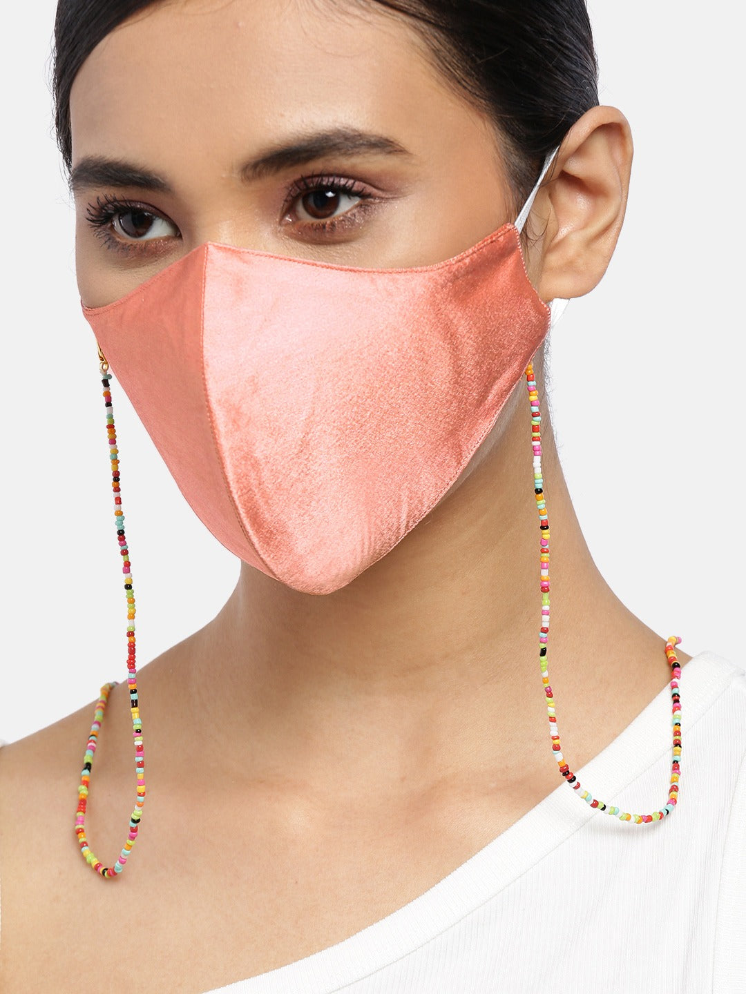 Blueberry peach Reusable 2-Ply satin face mask with beaded chain
