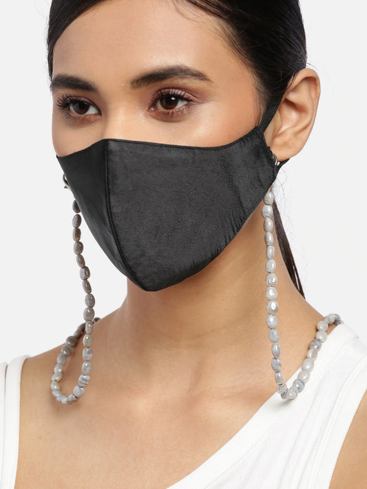 Blueberry black Reusable 2-Ply satin face mask with grey beaded chain